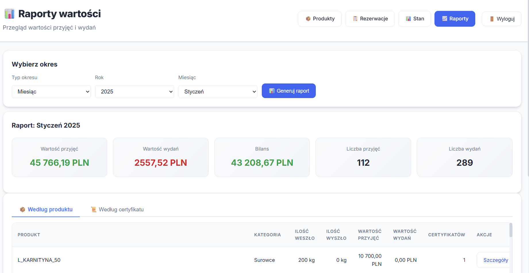 Widok raportów wartości i bilansu w aplikacji